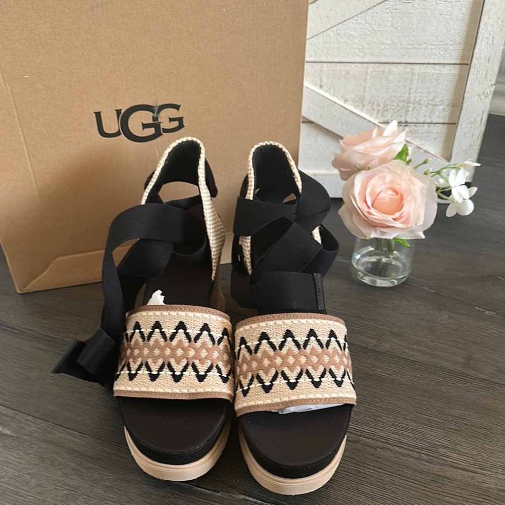 UGG Black and Tan Platform Sandals with Straps